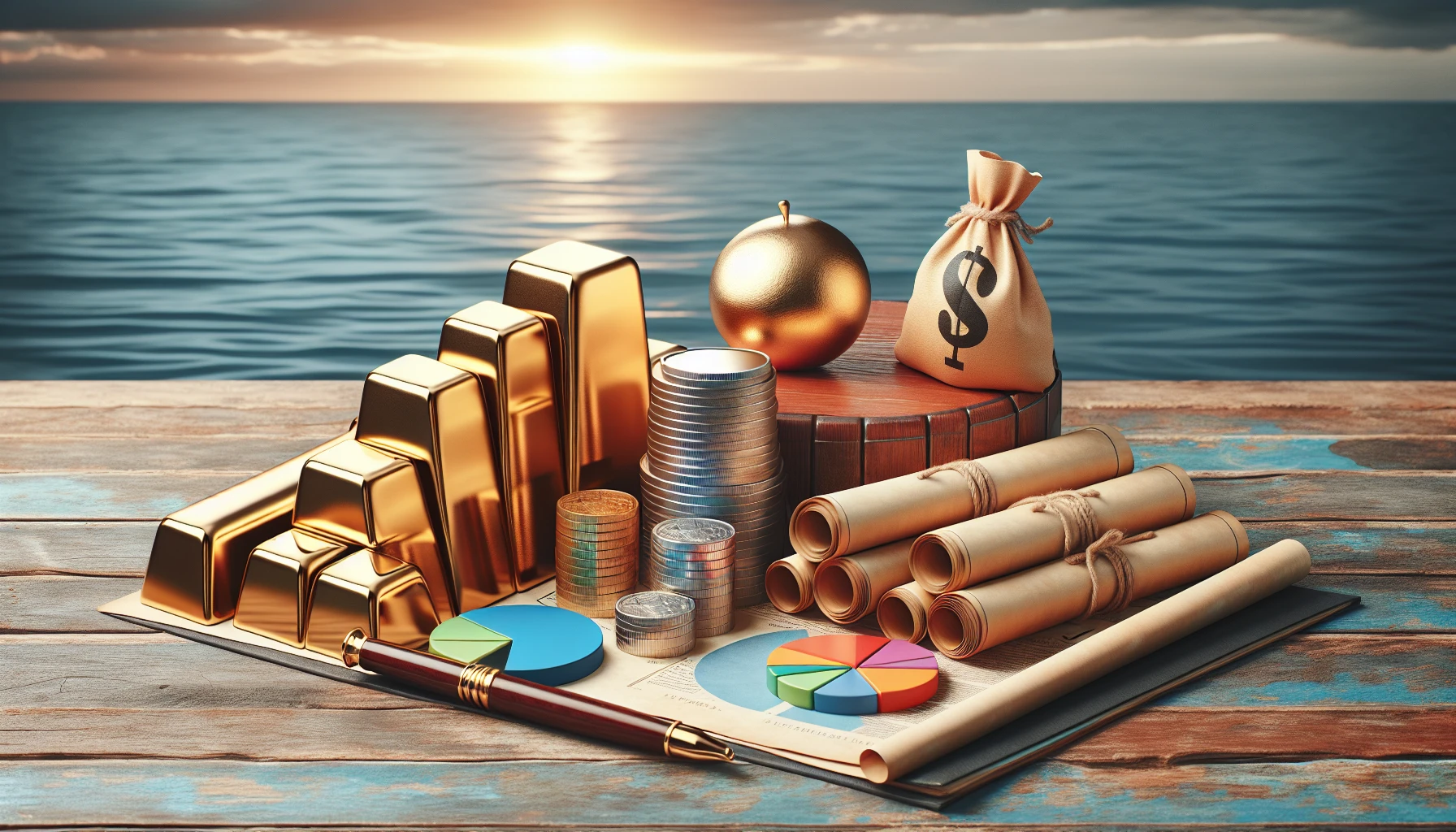 Illustration of a diversified retirement portfolio including precious metals, stocks, and bonds
