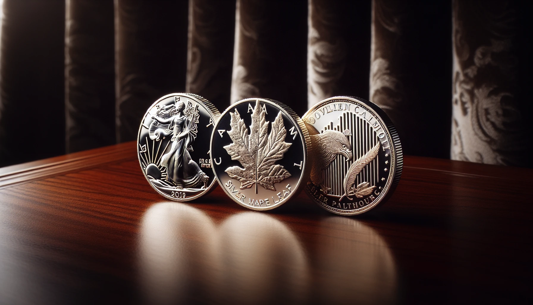 Selection of silver coins including American Silver Eagle, Canadian Silver Maple Leaf, and Austrian Silver Philharmonic